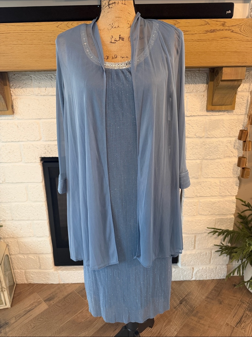 R&M Richards Dusty Blue Two-Piece Evening Dress with Sheer Overlay